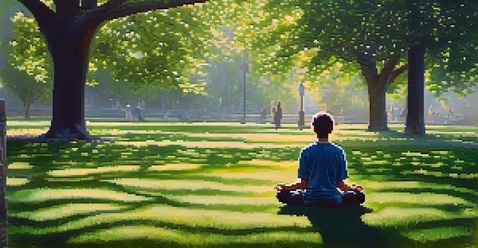 A person meditating in a peaceful park surrounded by flowers and trees, with sunlight filtering through the leaves.