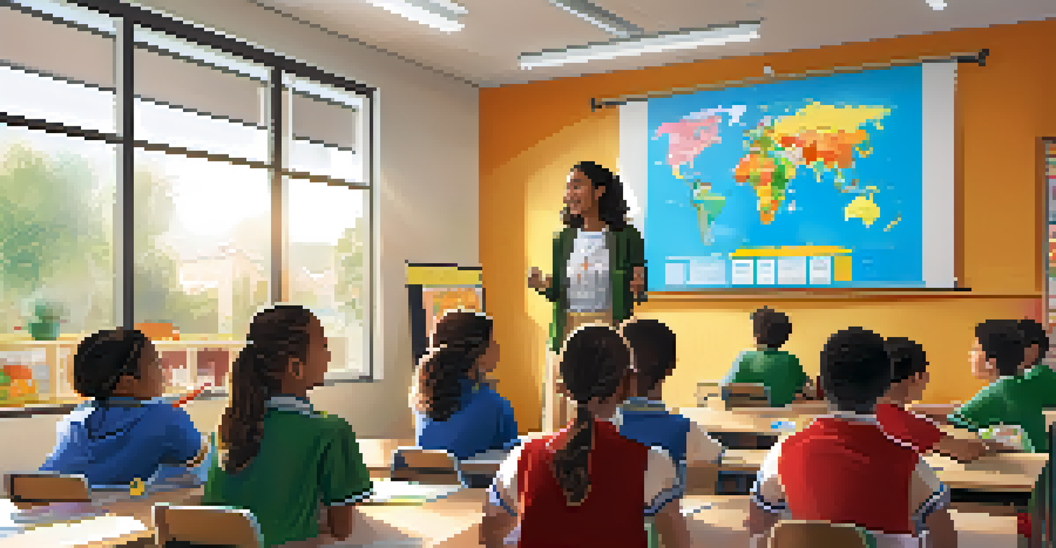 A peer educator presenting nutrition information to classmates in a bright and engaging school classroom.