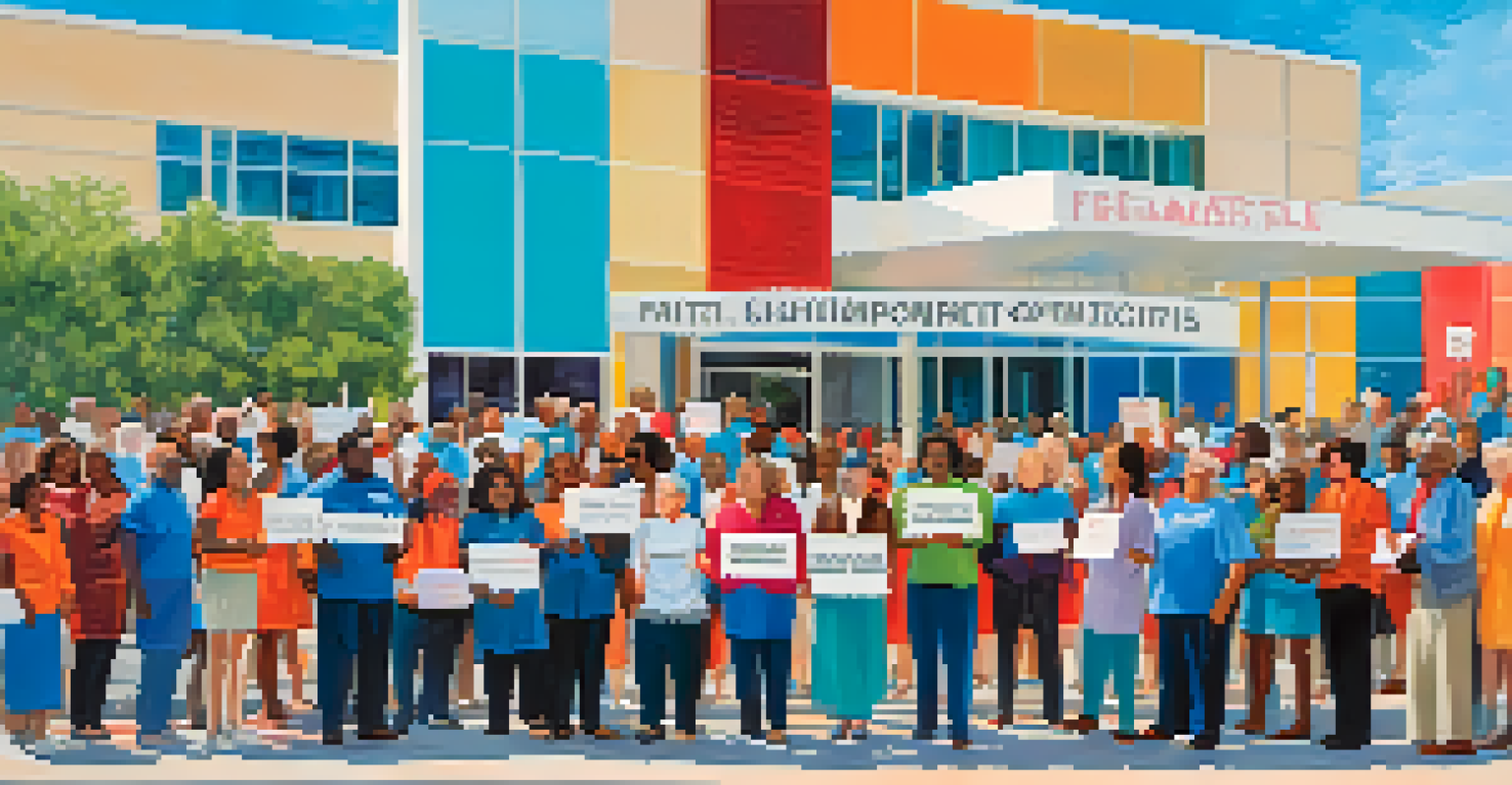A diverse group of individuals holding signs advocating for patient rights in front of a healthcare facility, with colorful banners and a bright sky.