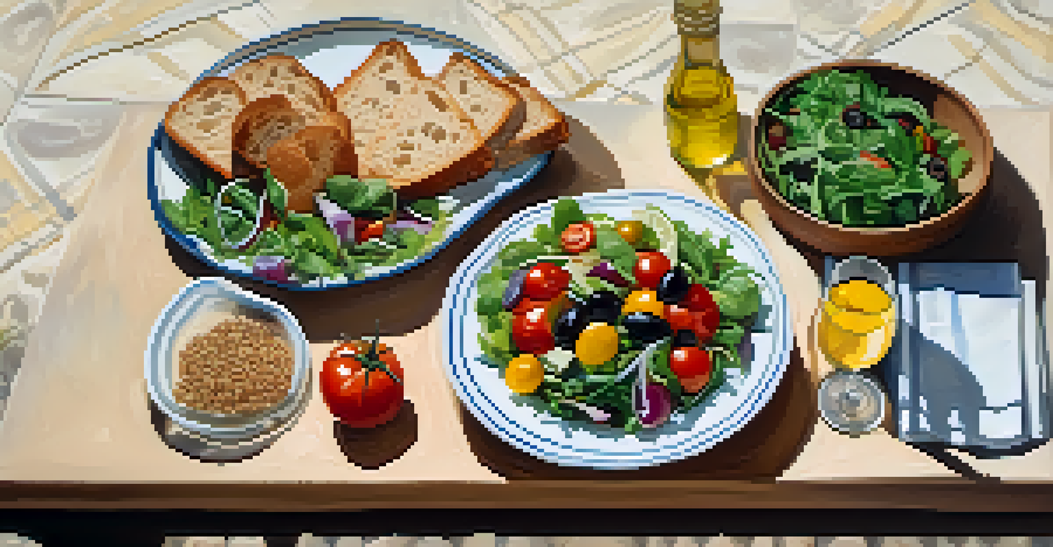 An overhead shot of a Mediterranean-inspired meal with a colorful salad and whole grain bread, illustrating healthy eating.