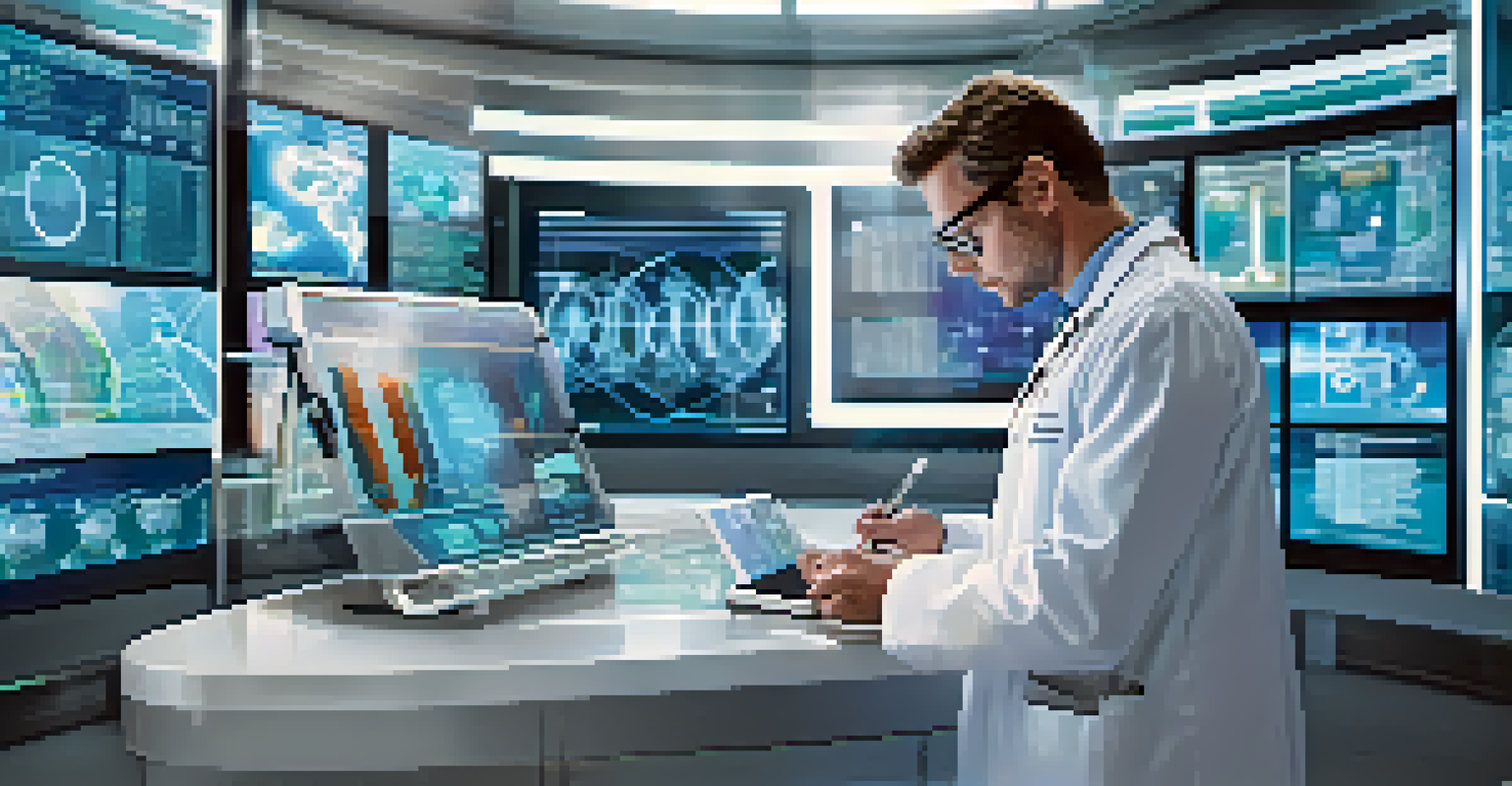 A doctor analyzing health data on a tablet in a futuristic medical environment with digital screens.