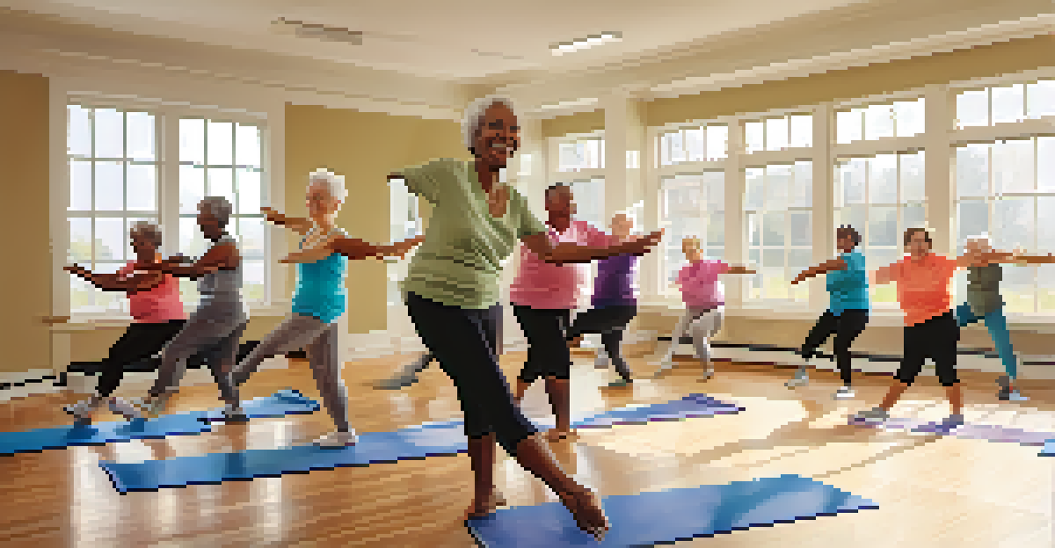 A group of older adults engaging in a community exercise class, smiling and stretching in a brightly lit studio.