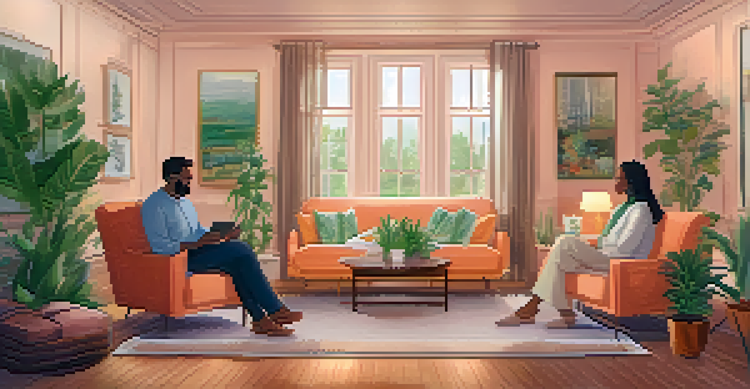 A tranquil therapy session taking place in a cozy room, with a therapist and client engaged in conversation in a comfortable setting adorned with plants.