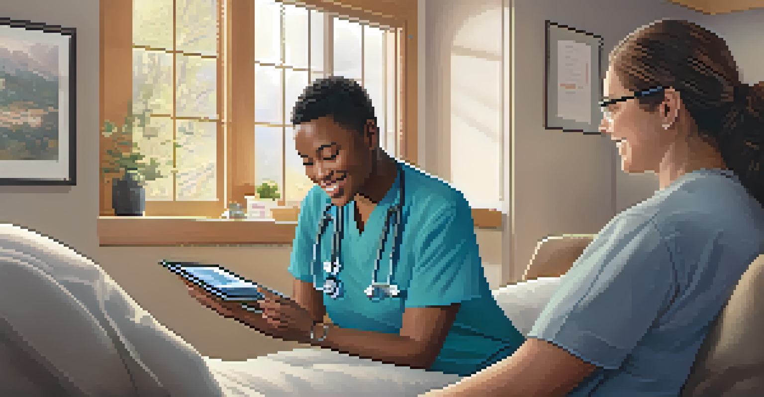 A patient using a tablet for telehealth consultation in a cozy living room with soft lighting.