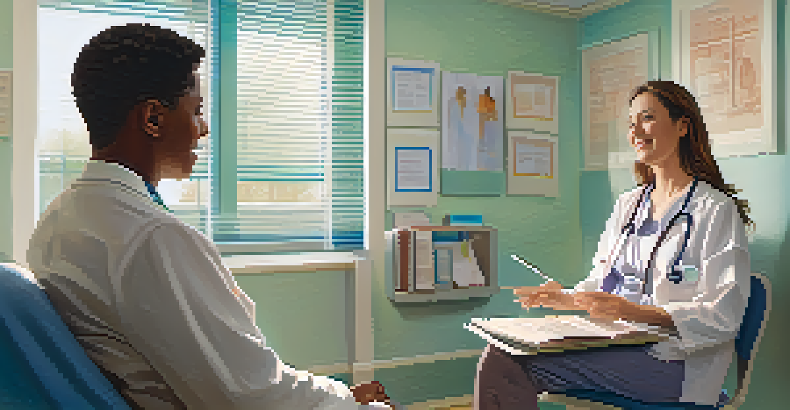 A doctor and a patient discussing a treatment plan in a soothing examination room.
