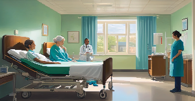 A calm hospital room with a palliative care team around an elderly woman in bed, discussing her care.
