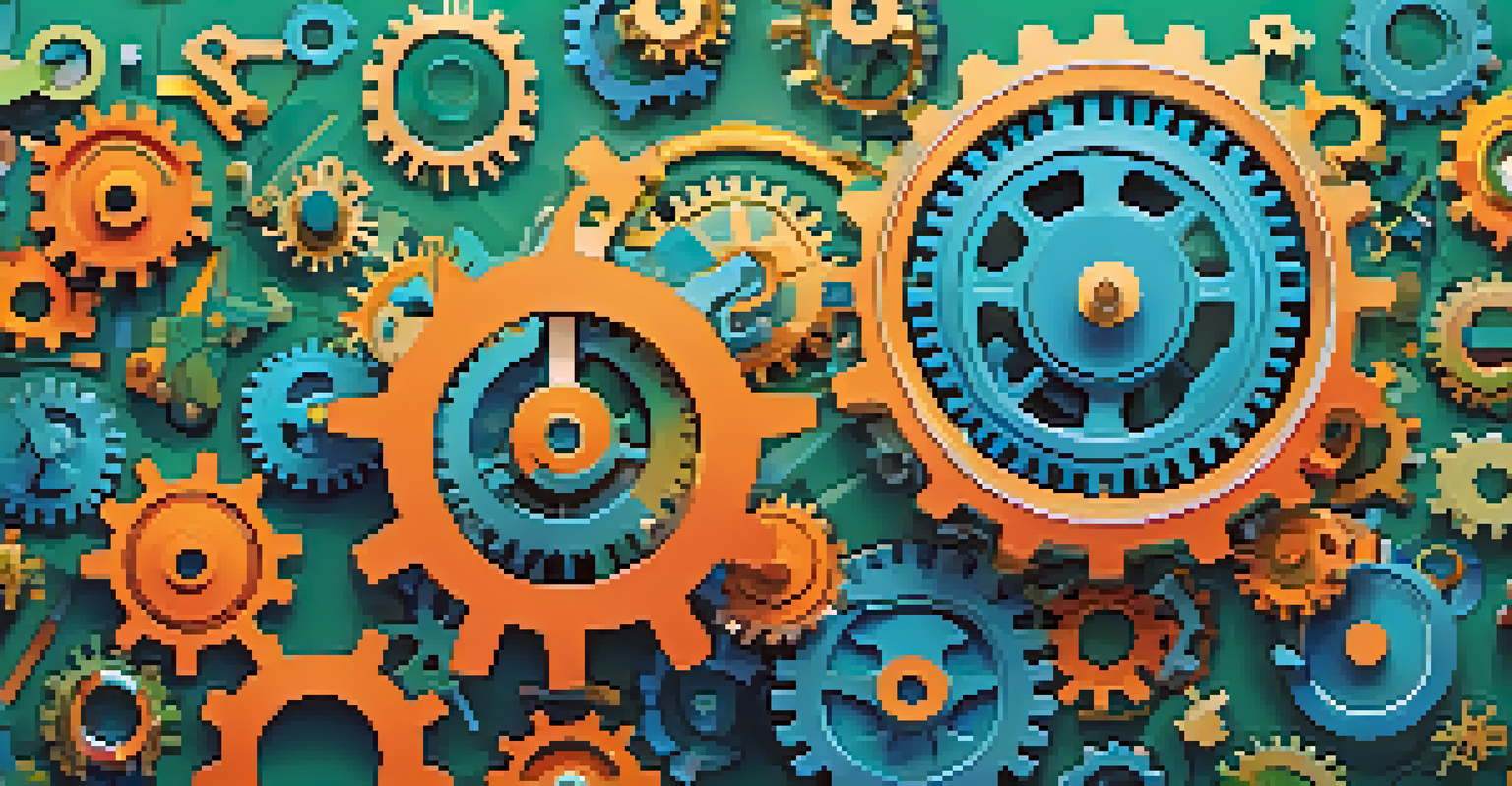 An abstract illustration of interconnected gears and icons representing various health financing methods, with vibrant colors on a soft gradient background.