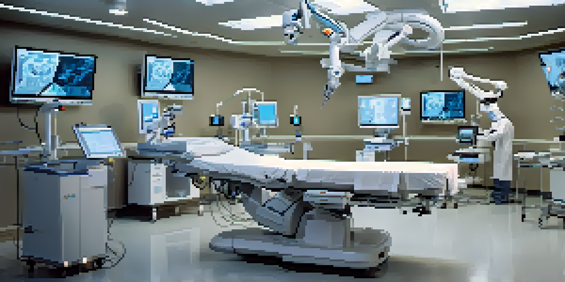 A modern surgical room with a robotic surgical system, advanced medical equipment, and a surgical team at work.