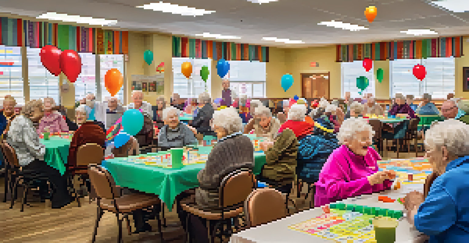 Elderly individuals enjoying a bingo night at a community center, filled with laughter and excitement.