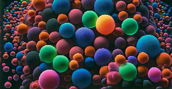 A detailed close-up of lipid-based nanocarriers depicted as glowing spherical structures showcasing vibrant encapsulated drugs.