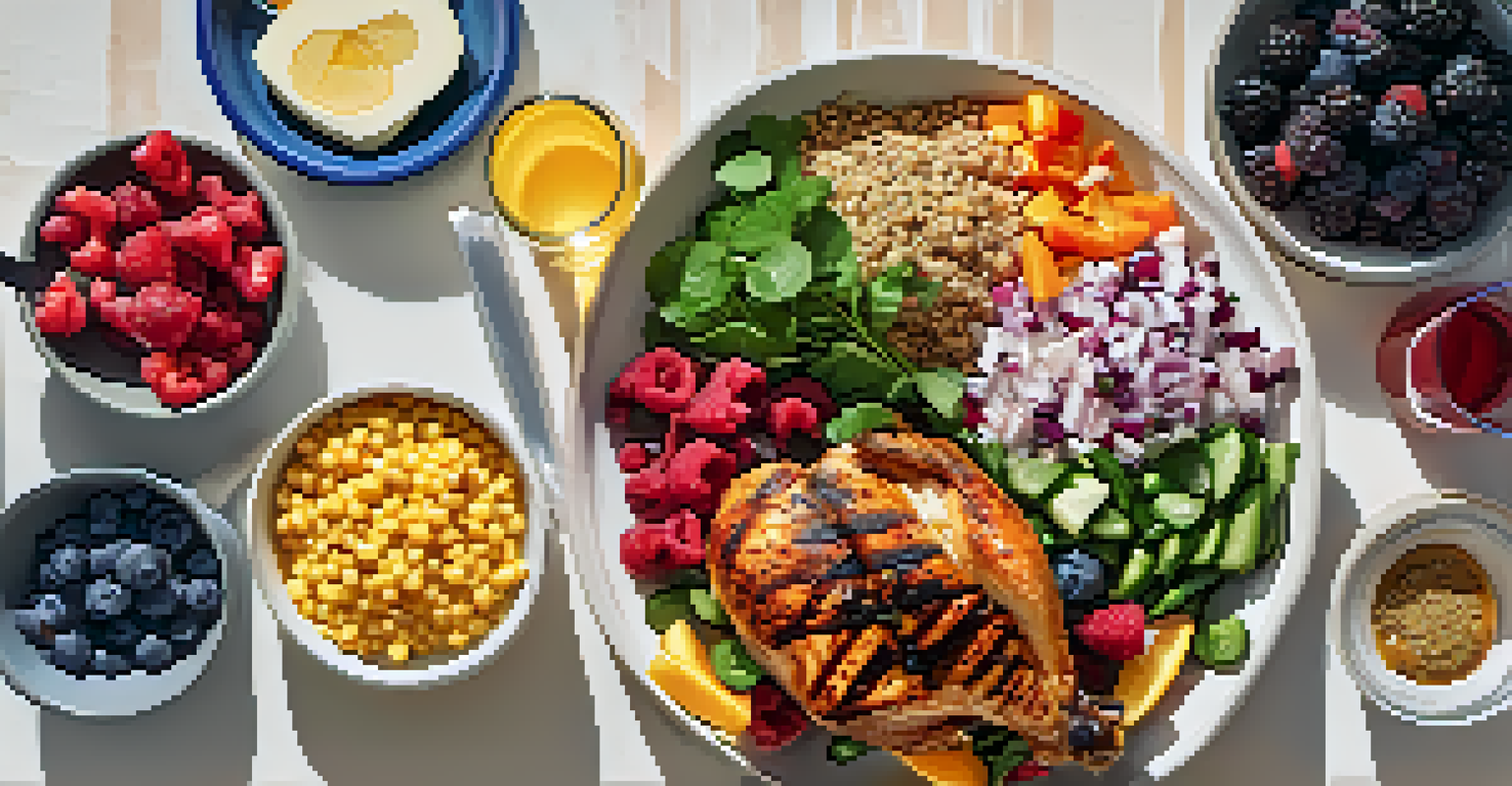 A healthy meal for athletes, showcasing grilled chicken, quinoa, vegetables, and berries on a kitchen table.
