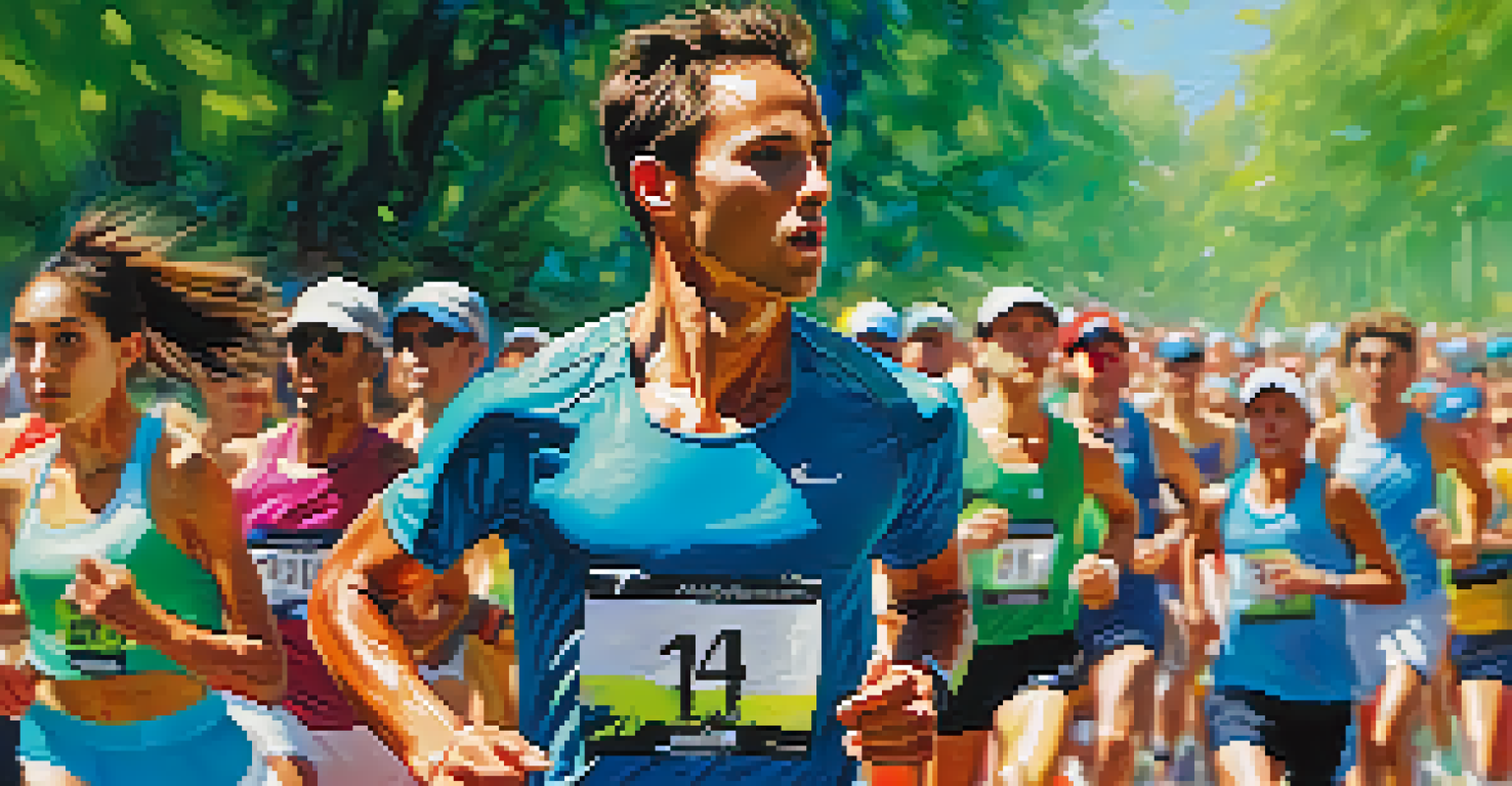A determined marathon runner in colorful athletic gear, running through a park with cheering spectators and a bright sky in the background.