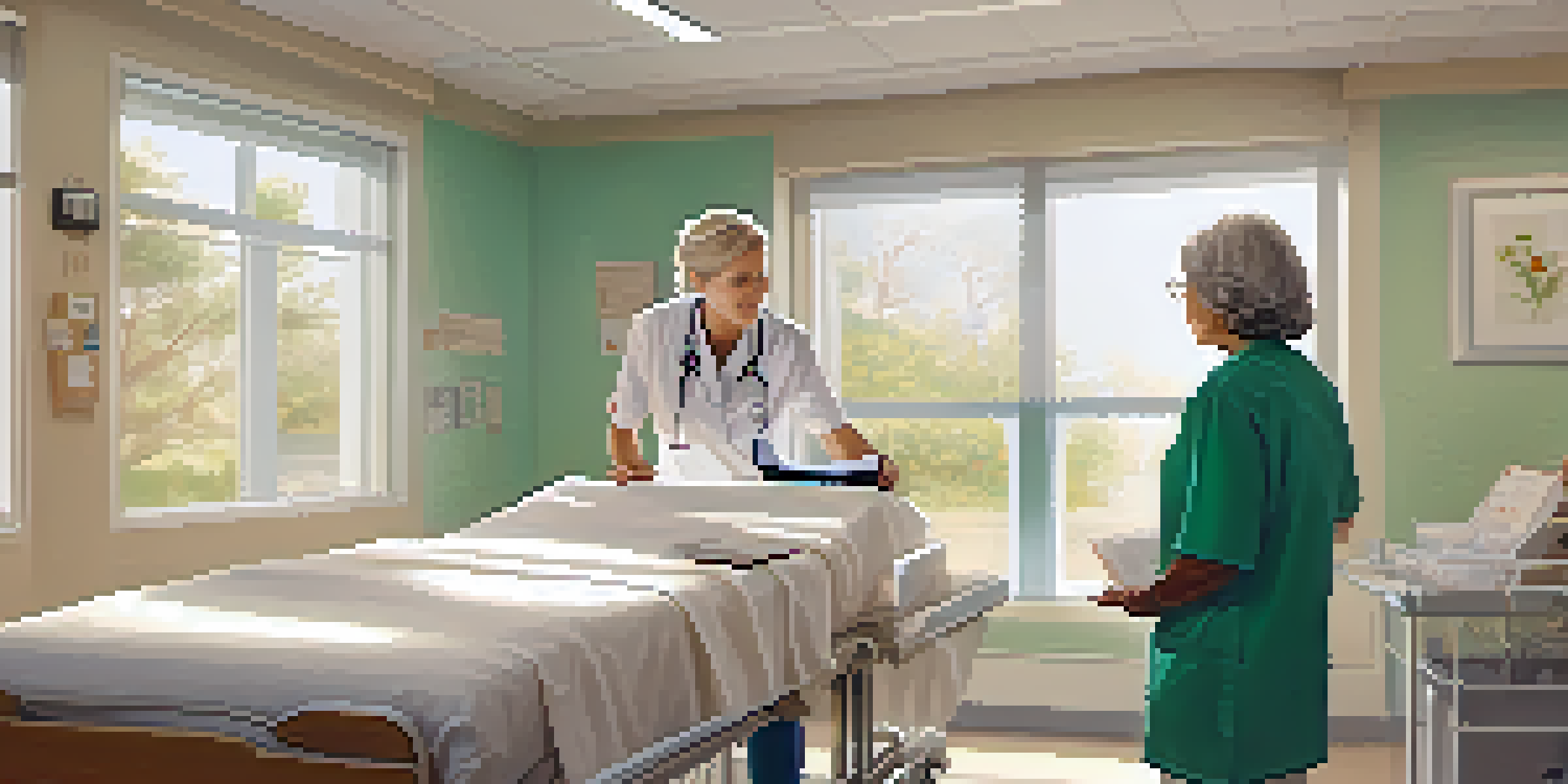 A nurse and an elderly patient having a discussion in a bright clinic, highlighting themes of patient privacy and care.