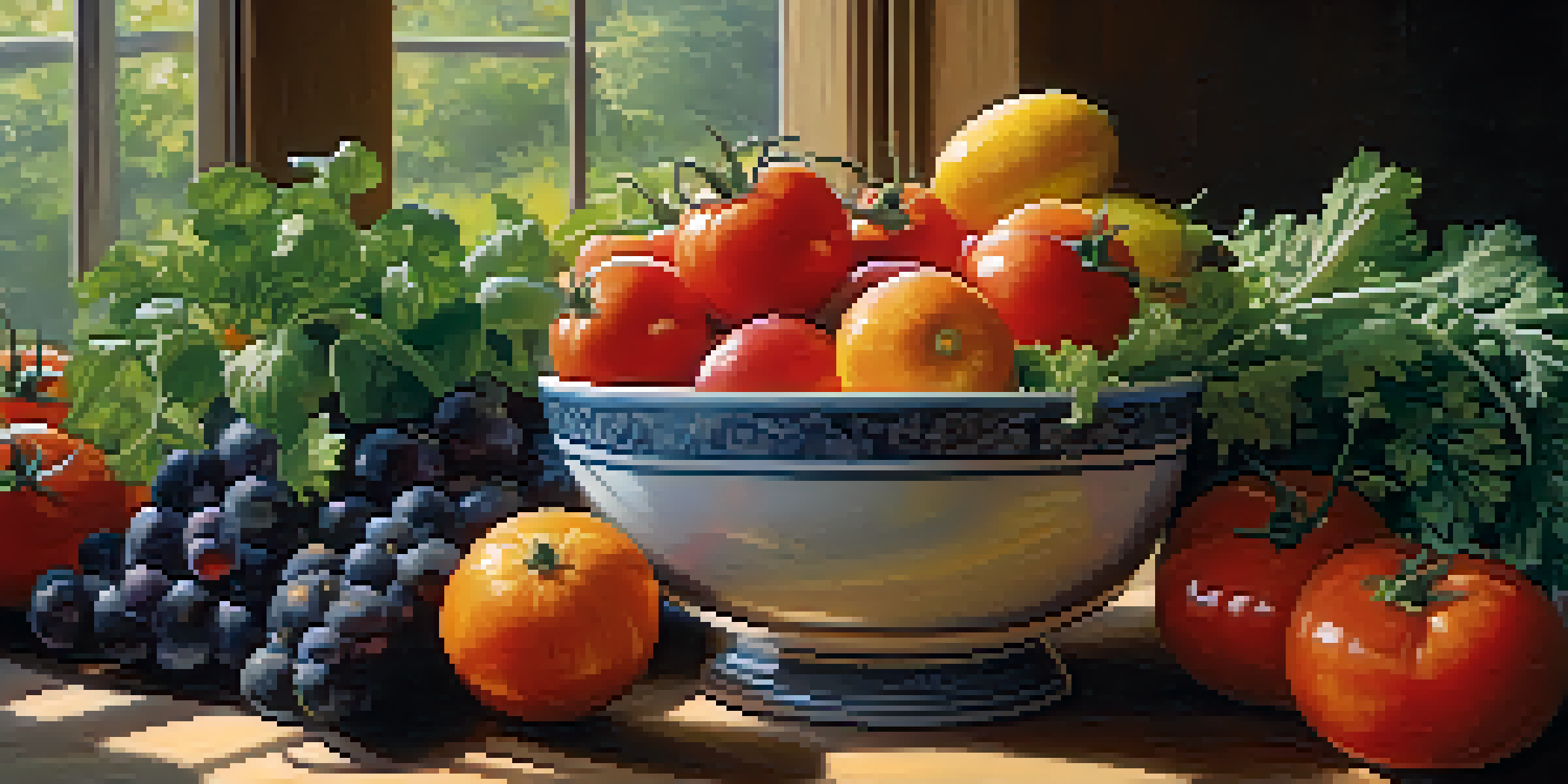 A bowl of fresh fruits and vegetables arranged on a wooden table, illuminated by soft natural light.
