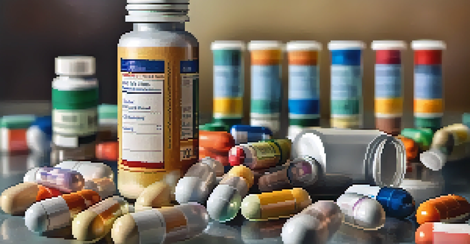 A close-up of a colorful pill bottle and various medications in a doctor's office setting, with warm lighting.