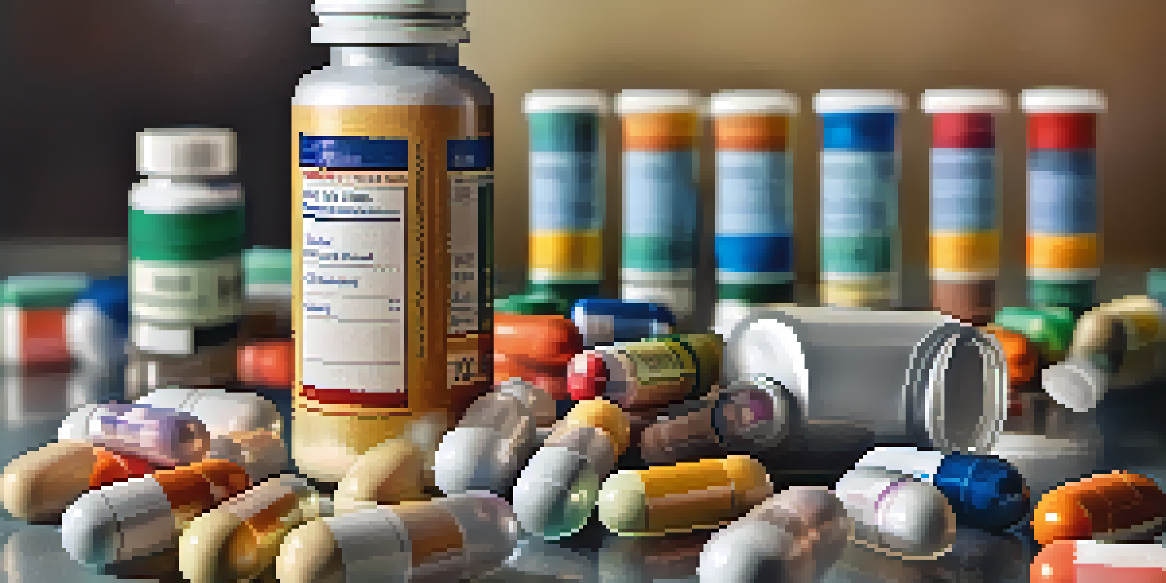 A close-up of a colorful pill bottle and various medications in a doctor's office setting, with warm lighting.