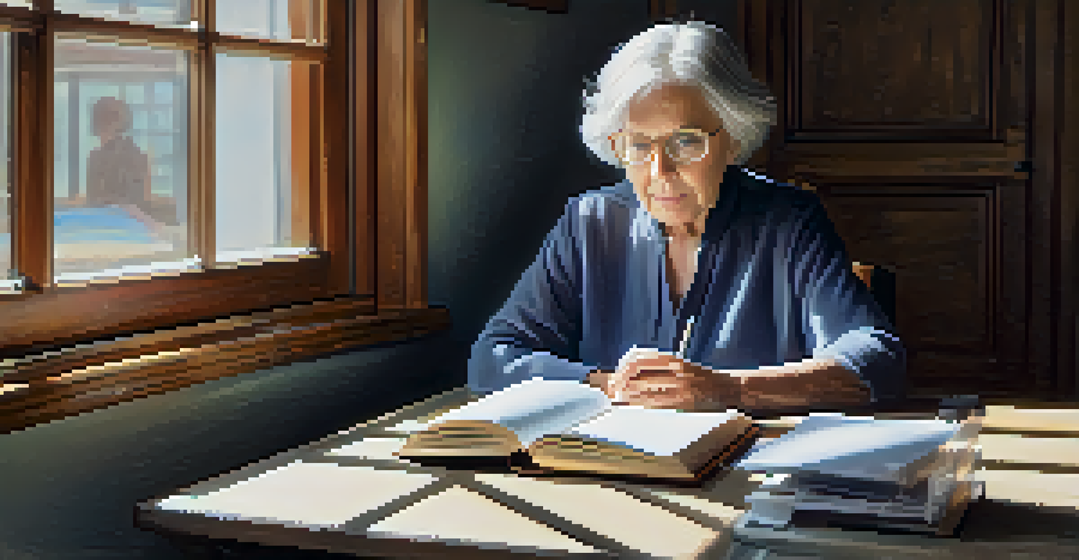 An elderly woman using a tablet to access healthcare information, surrounded by papers and a notebook.