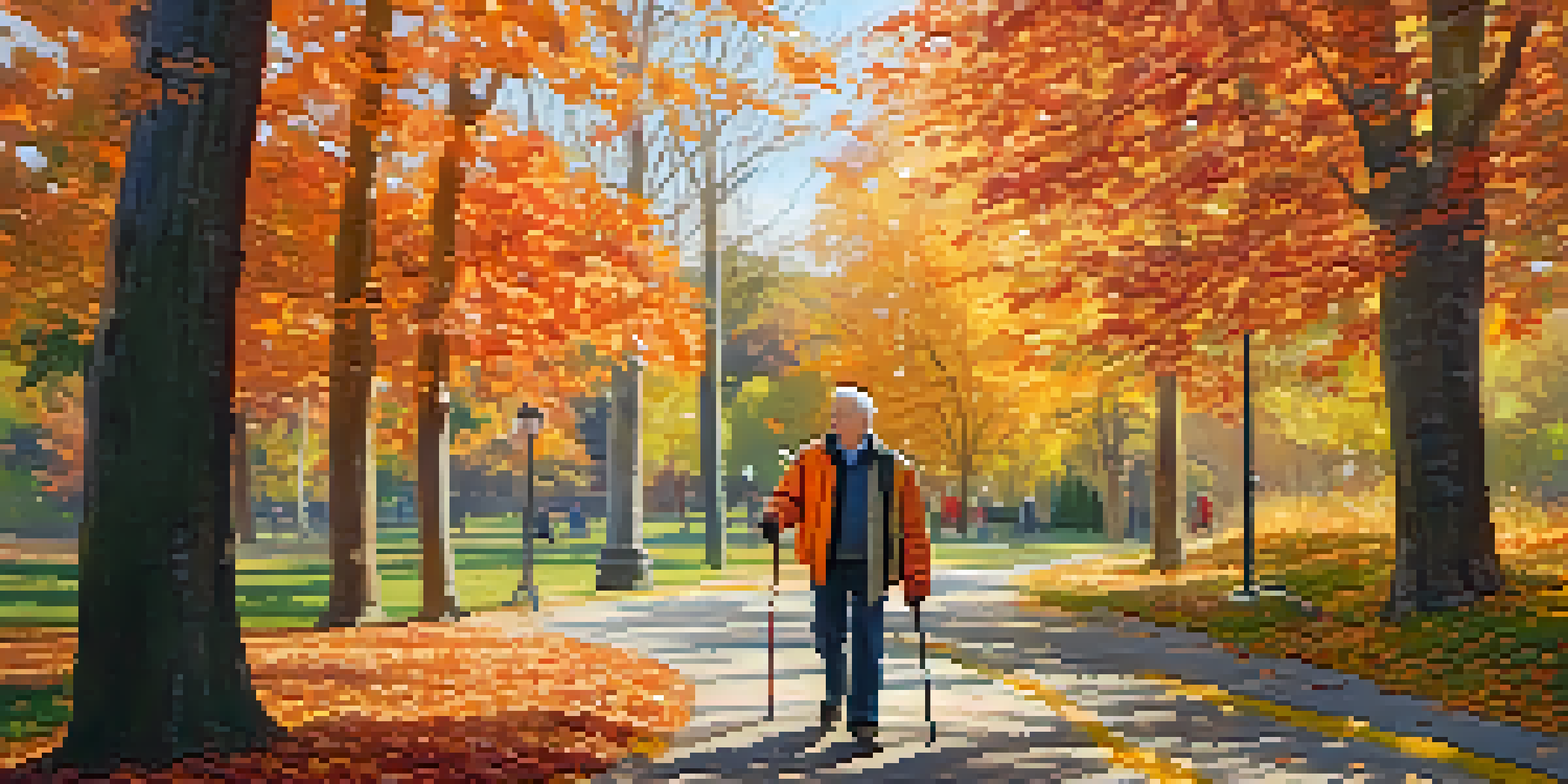 An older man walking in a park during autumn, surrounded by colorful leaves and trees.