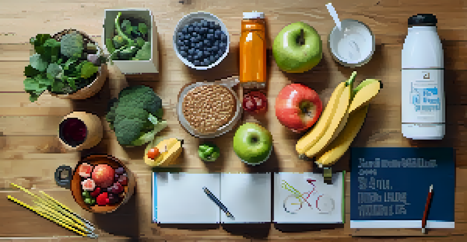 A flat lay image of healthy lifestyle items including fruits, vegetables, running shoes, and a notepad on a wooden table, illuminated by natural light.