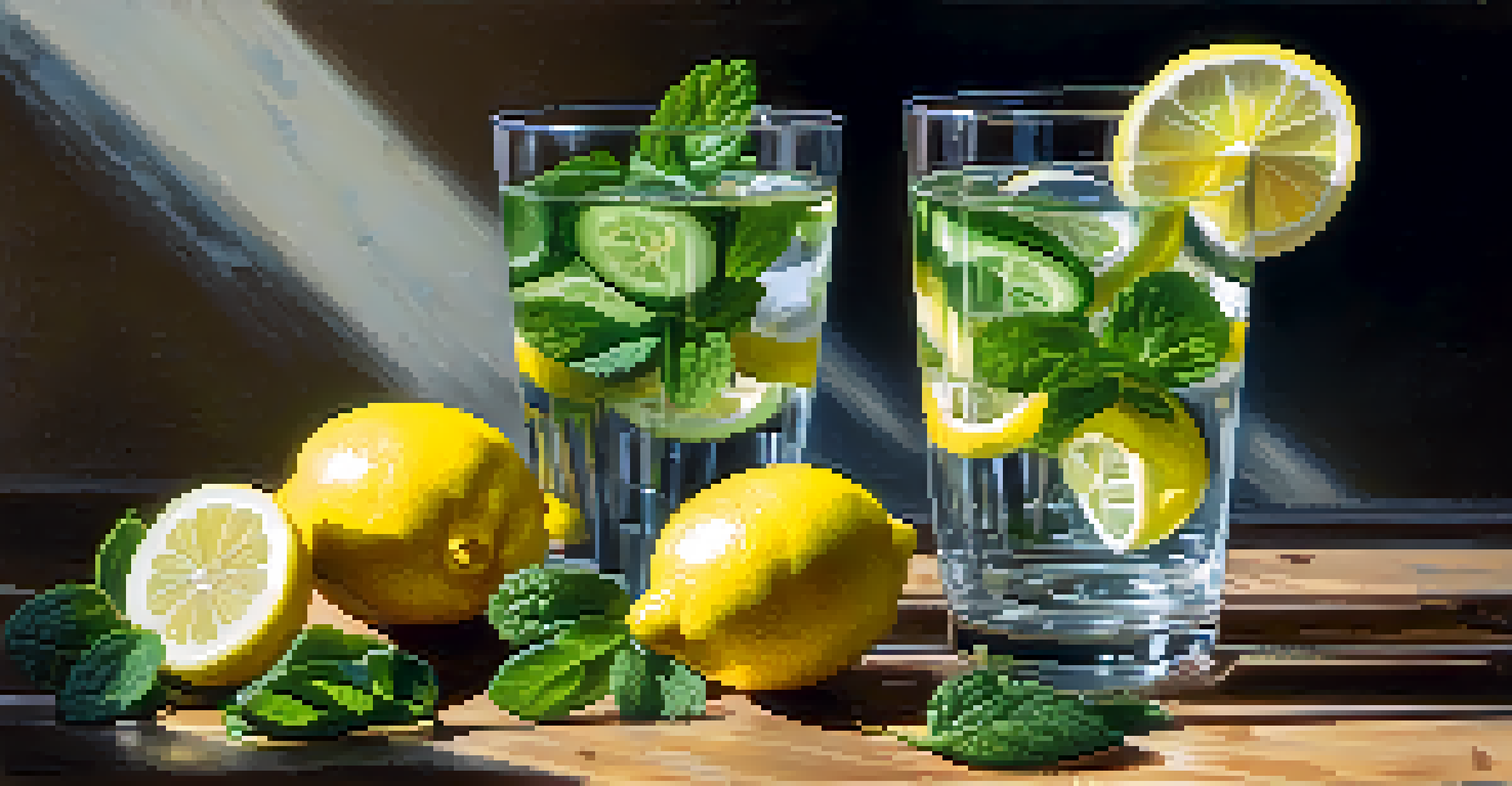 A refreshing glass of water infused with lemon, cucumber, and mint, capturing sunlight with reflections on a rustic wooden table.