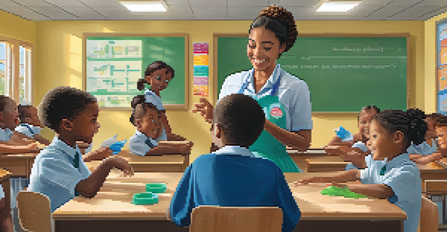 A teacher demonstrating handwashing techniques to children in a colorful classroom with educational posters.