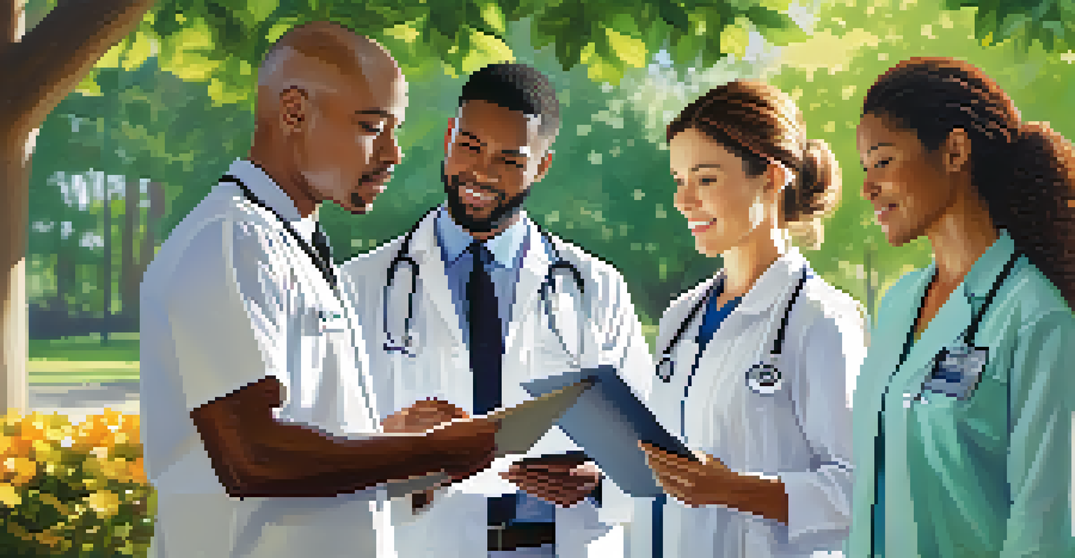 A diverse group of healthcare professionals discussing genetic counseling in a sunny park, surrounded by trees and flowers.