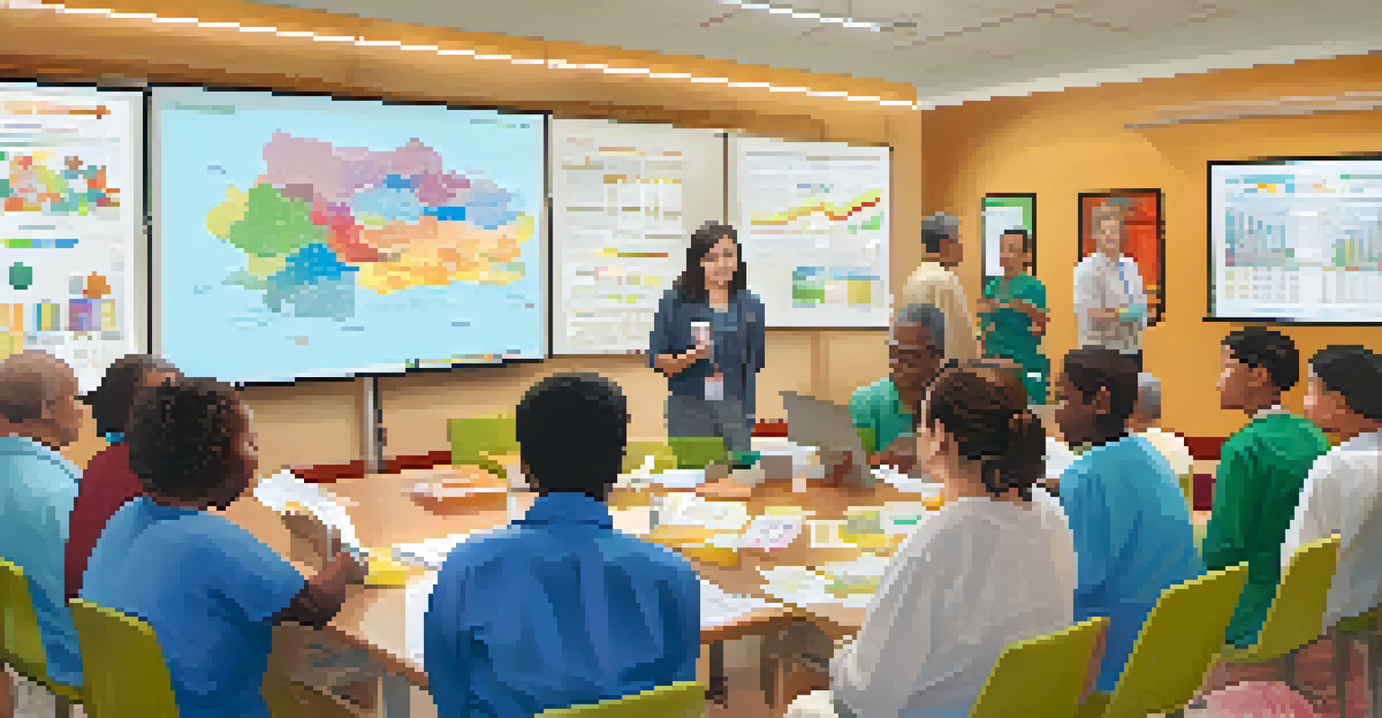 A workshop where a researcher presents to engaged patients, with colorful educational materials and a collaborative atmosphere.