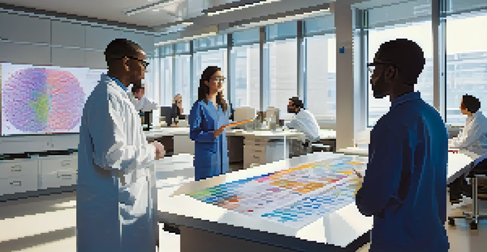 A diverse group of researchers discussing clinical trial data in a bright laboratory.