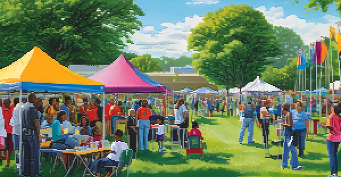 A lively community health fair with people receiving health screenings and interacting with volunteers under colorful banners.