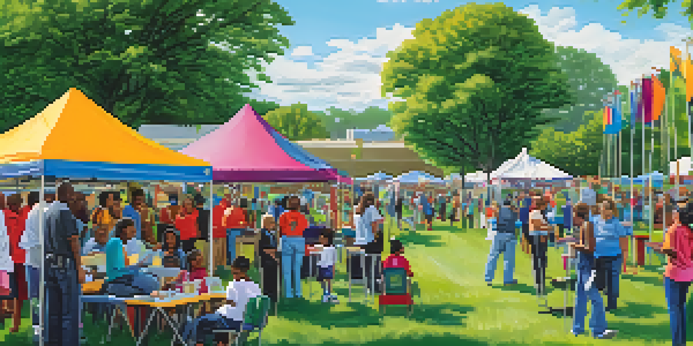 A lively community health fair with people receiving health screenings and interacting with volunteers under colorful banners.
