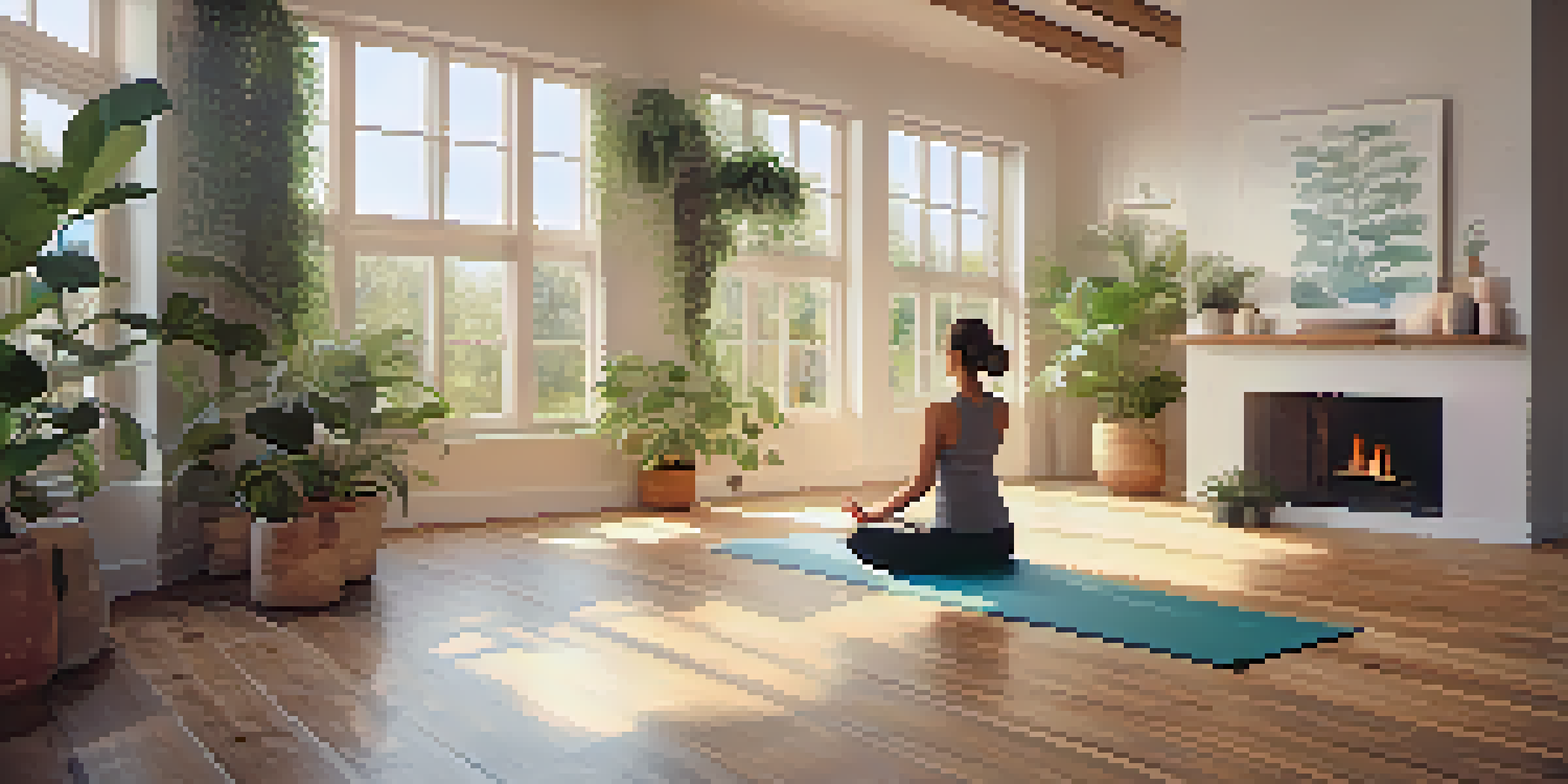 A peaceful yoga studio with a person practicing yoga on a mat, surrounded by plants and natural light.