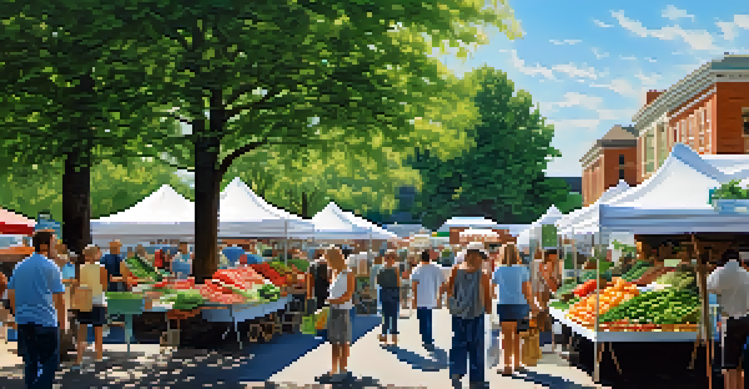 An outdoor farmers' market with stalls of fresh produce and colorful fruits, showcasing a lively atmosphere with shoppers and vendors.