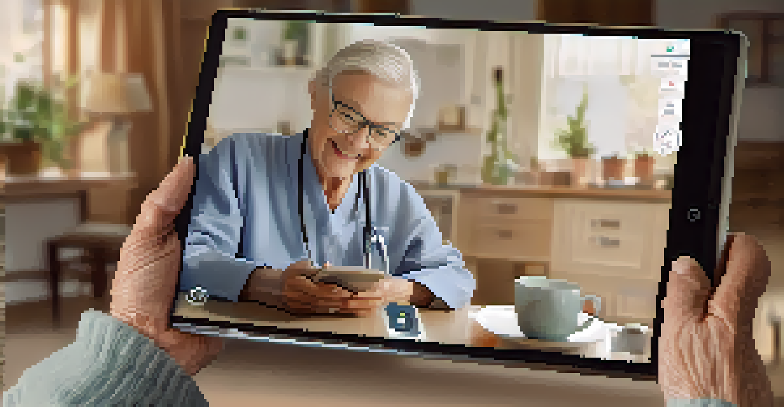 An elderly patient using a tablet with an AI virtual assistant in a cozy home setting, emphasizing telehealth technology.