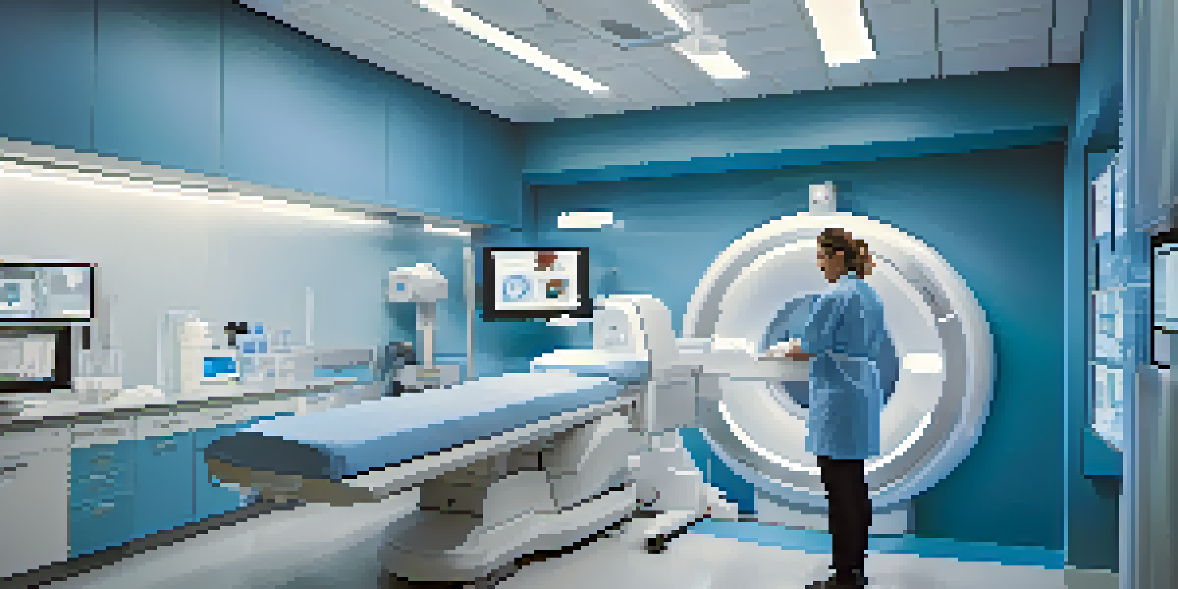 A medical imaging room with an MRI machine and a healthcare professional preparing a contrast agent, while a patient is lying on the bed.