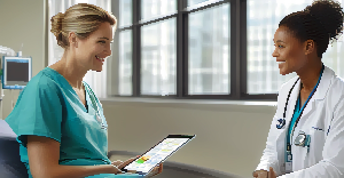 A doctor discussing patient information with a patient in a modern hospital room, showcasing a collaborative healthcare environment.