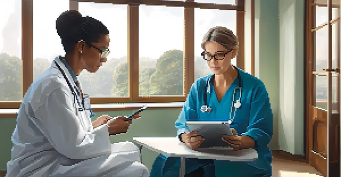A doctor and patient having a discussion in a bright healthcare room, with a tablet in use and plants in the background.