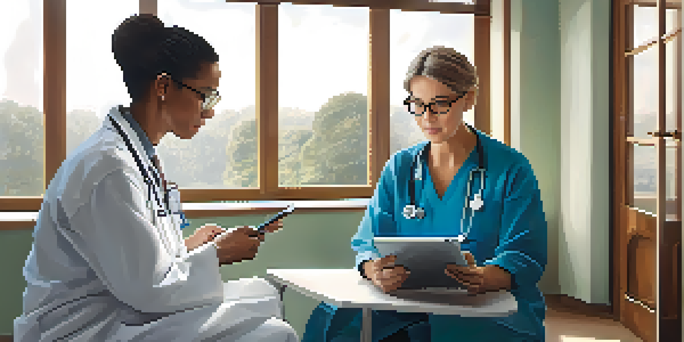 A doctor and patient having a discussion in a bright healthcare room, with a tablet in use and plants in the background.