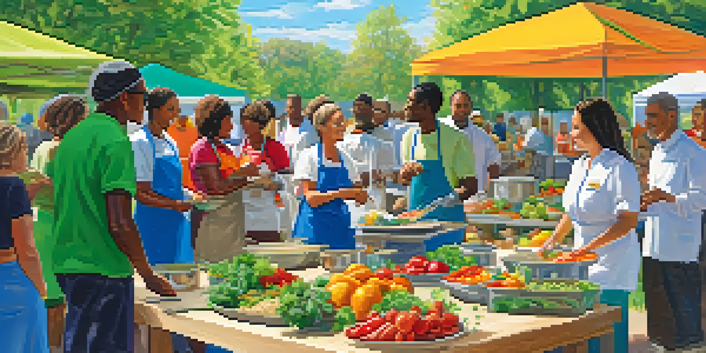 A community nutrition workshop with diverse people cooking and discussing healthy eating outdoors, surrounded by fresh fruits and vegetables.