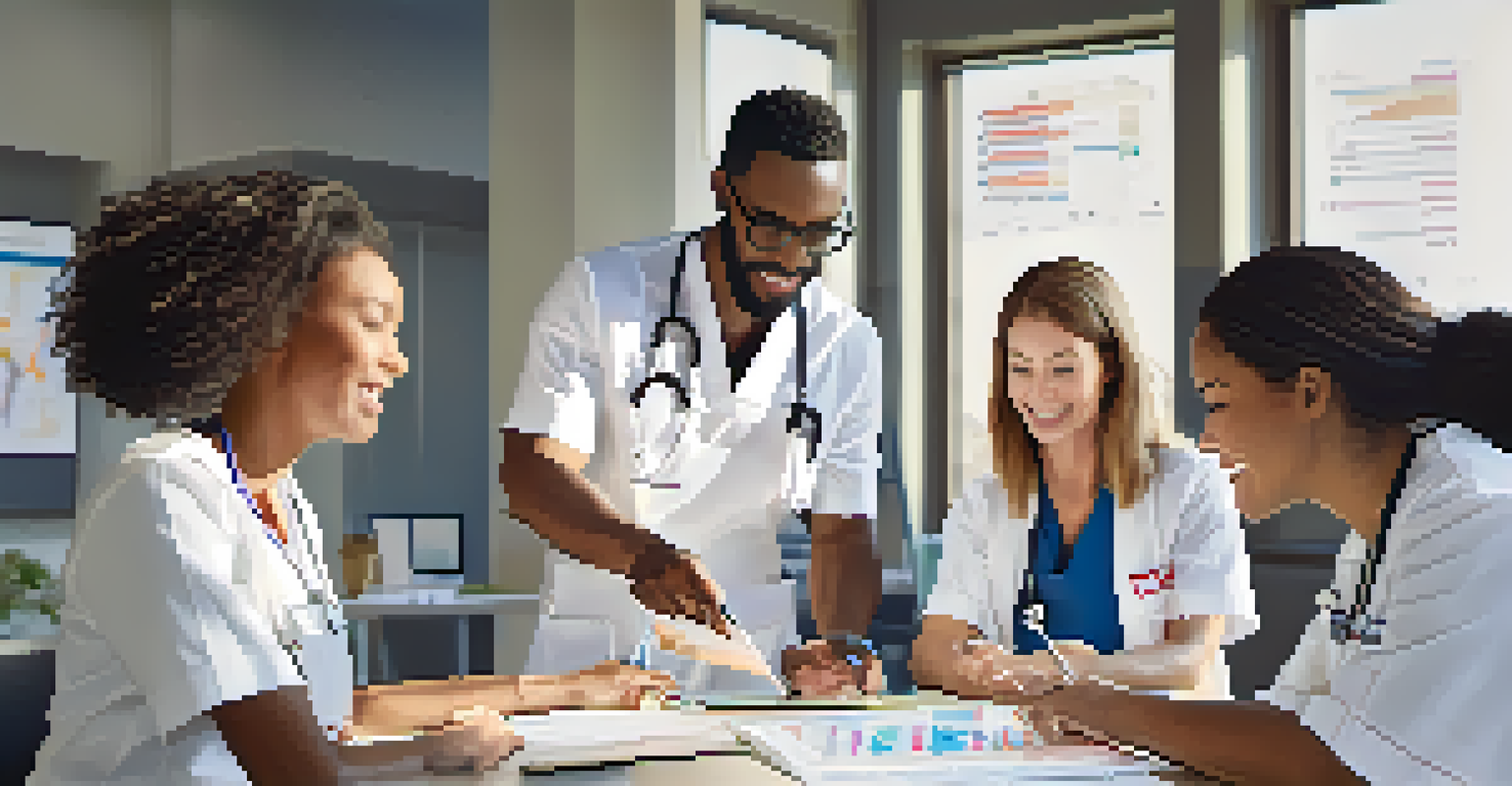 A diverse group of nurses collaborates around a table, discussing a patient's care plan in a bright, modern setting.