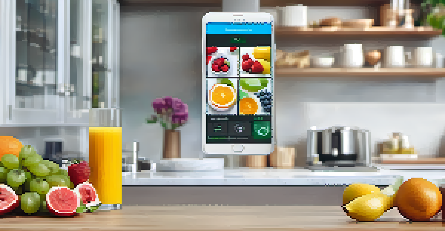 A smartphone screen showcasing a telehealth app with a healthcare provider, set against a bright kitchen background with colorful decor.