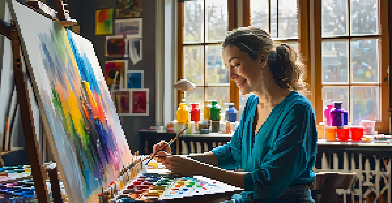 A woman focused on painting at an art therapy session in a colorful studio filled with natural light.