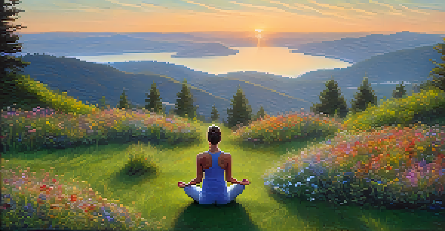 A person doing yoga on a grassy hillside at sunrise, surrounded by colorful wildflowers and nature.