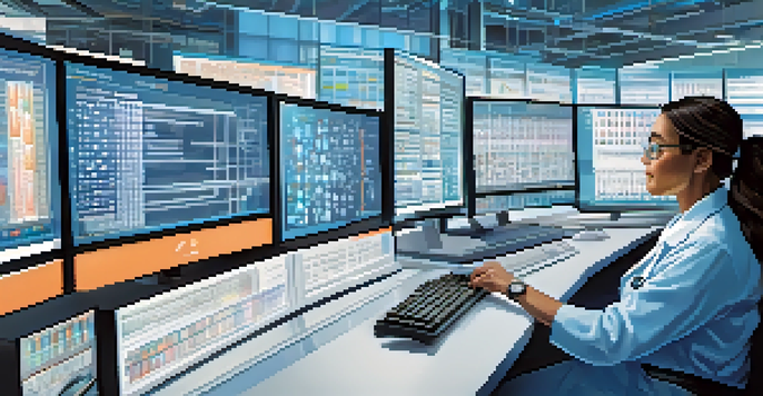 A scientist in a laboratory analyzing genomic data on a computer screen with advanced equipment around her.