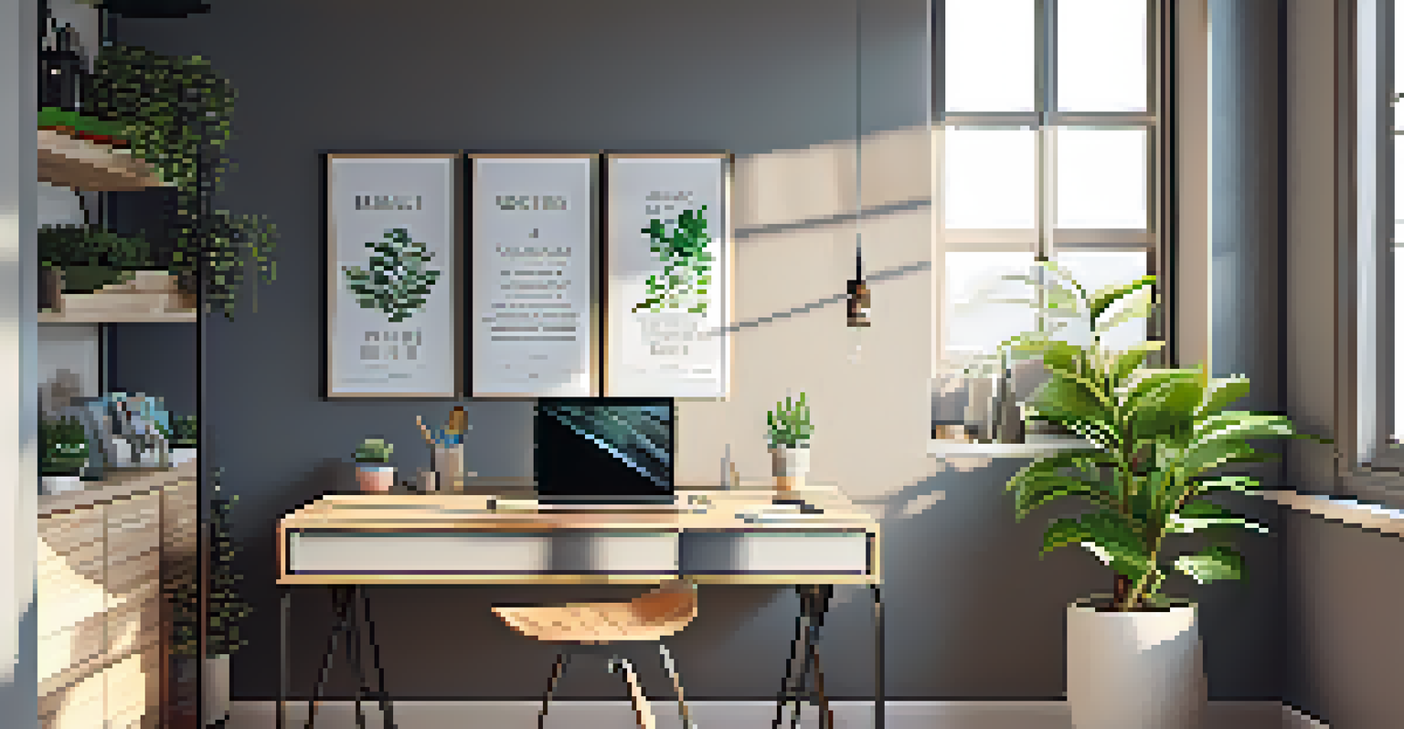 A modern workspace with a laptop, plants, and motivational quotes, illuminated by natural light.