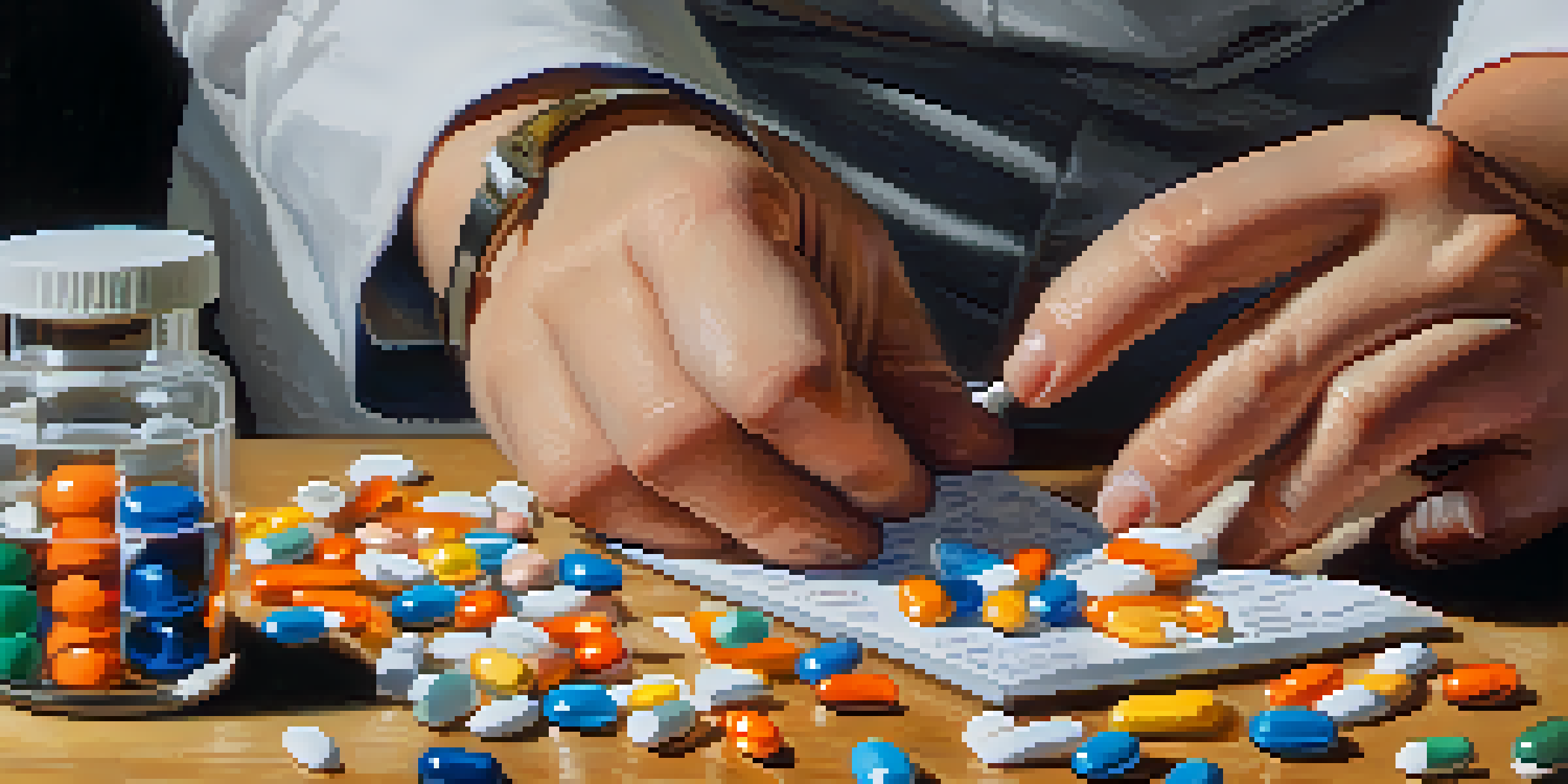 A pharmacist's hands preparing medication with colorful pills on a wooden counter.