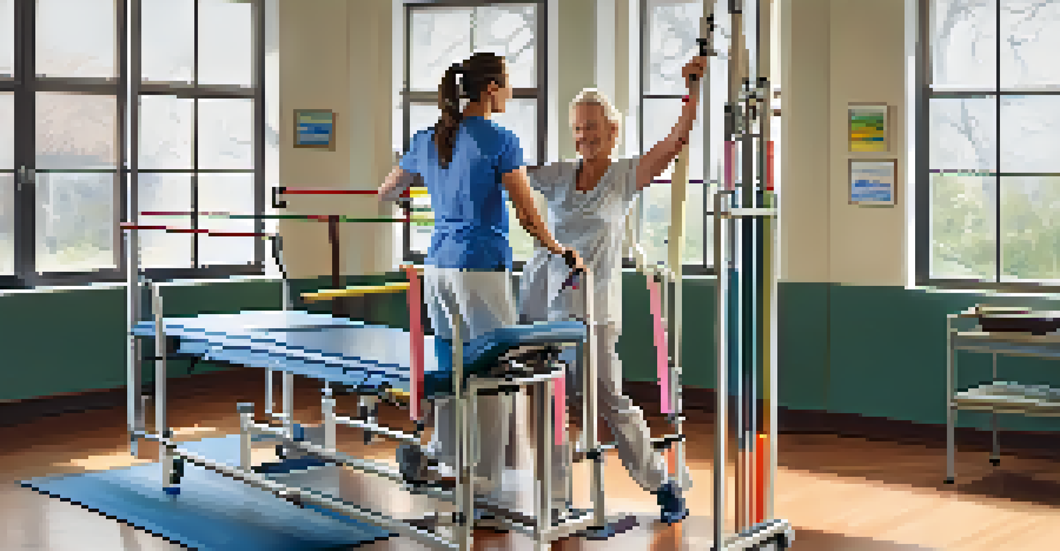 A physical therapist helping a patient with rehabilitation exercises in a bright and welcoming therapy room.