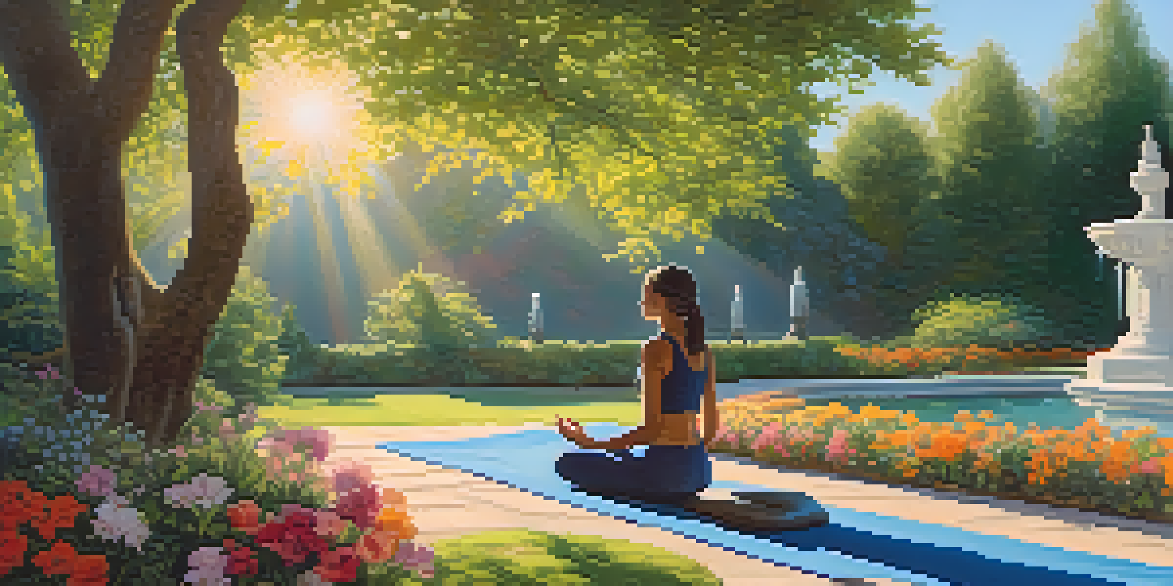 A peaceful garden scene with blooming flowers and a person practicing yoga next to a fountain under a clear blue sky.