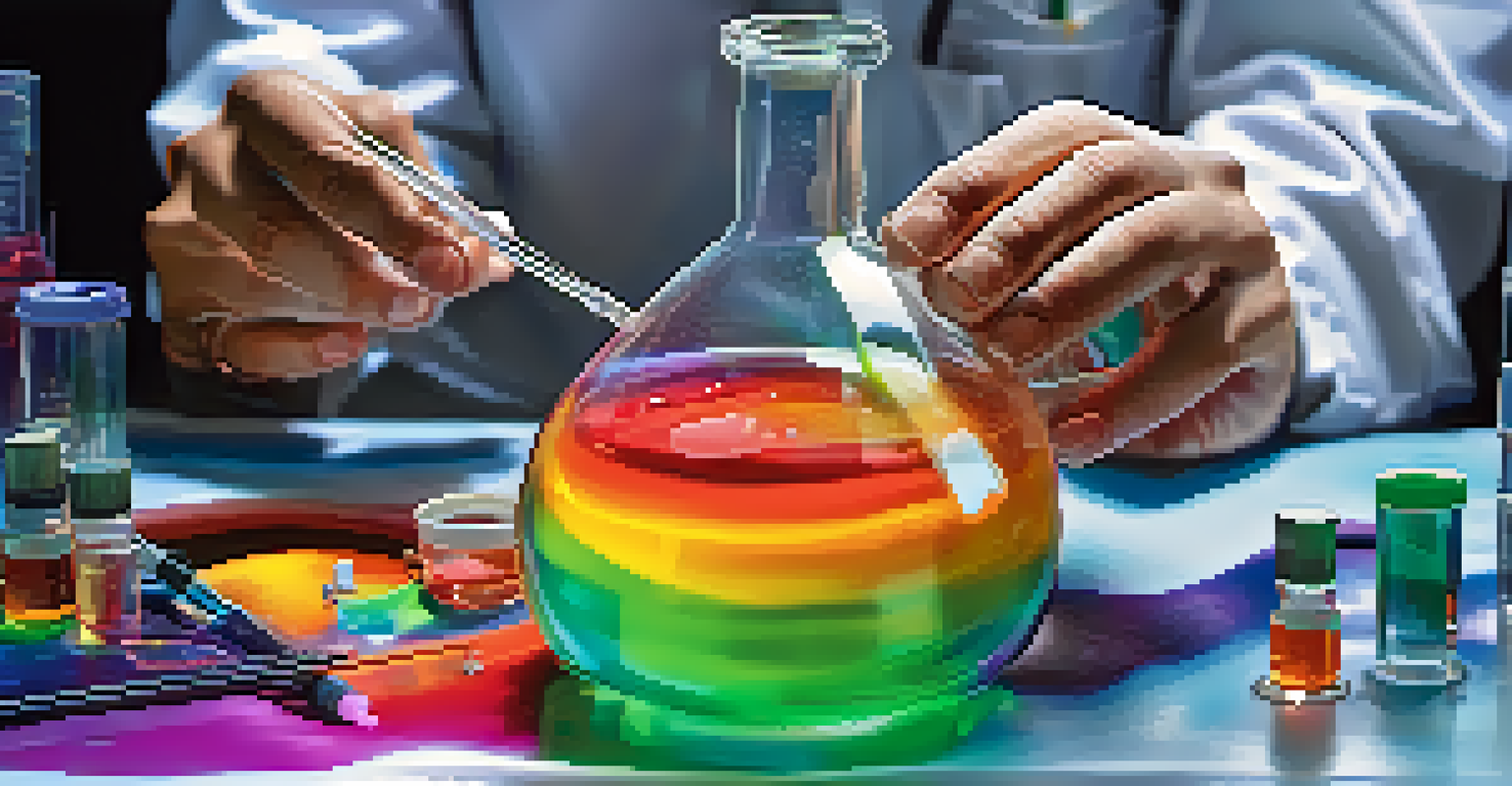 A scientist's hands holding a flask with colorful liquid in a laboratory setting.