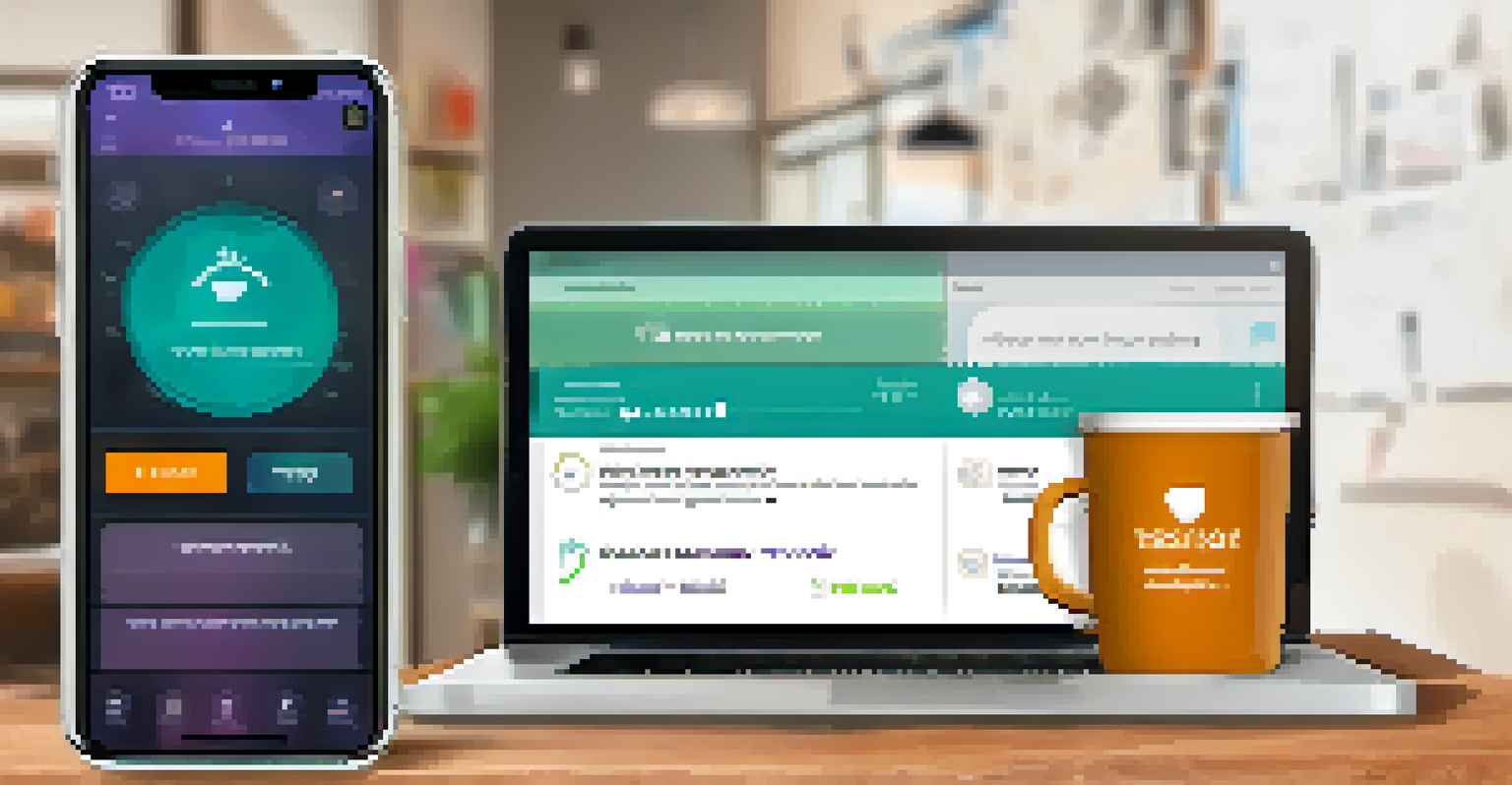 A close-up of a health app screen displaying interactive feedback and progress, set in a cozy workspace with a coffee cup and a notebook.