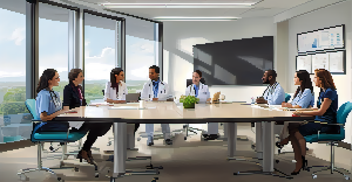A diverse healthcare team meeting in a bright room, discussing patient care plans.